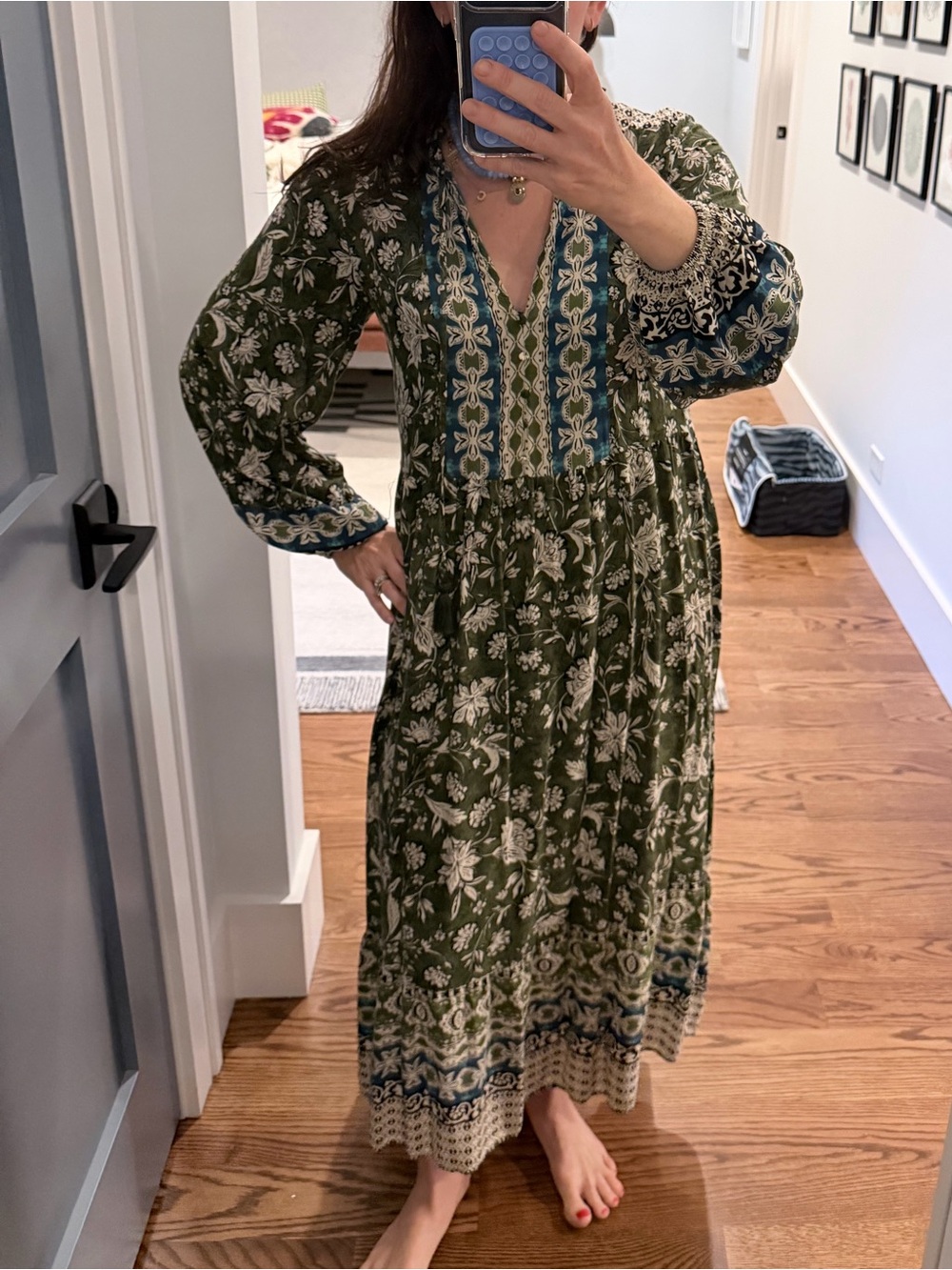Zara Olive Green Floral Maxi Dress with Embroidered Trim